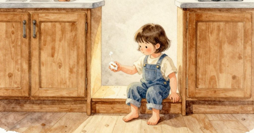 Willa 坐在低矮的木階上，一隻手臂貼著溫熱、光滑的木頭紋理，空氣裡帶著肥皂和肉桂的味道。廚房安靜，櫥櫃與地板是溫柔的棕色，光線溫暖而柔和，像傍晚的室內燈，讓木頭看起來更暖。