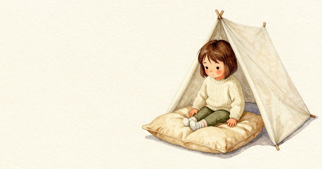 Ada的膝蓋壓著靠墊，靠墊表面微微下沉。帳篷布在她身側很近，細緻的編織在柔光裡清楚，還留著一條淡淡的摺痕。空氣安靜，質地都看得見。