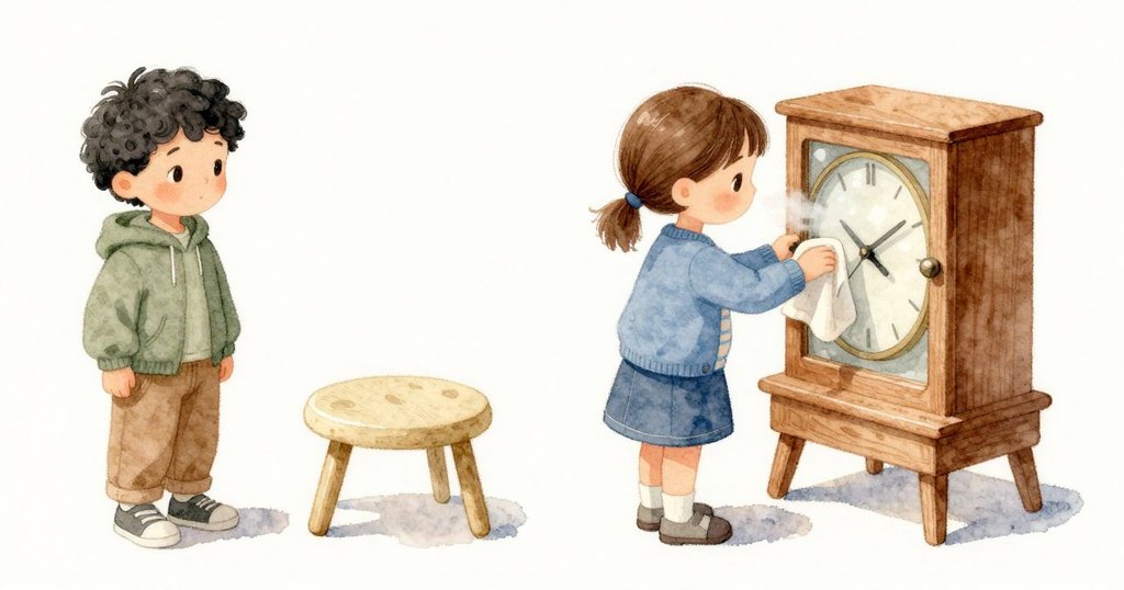 Stella 踩在短凳上擦拭時鐘的玻璃，微弱的霧痕在她的布下消失。她伸手去摸那小小的刻度旋鈕，Ronan 在一旁專心看著。柔和的日光落在玻璃與木殼上。