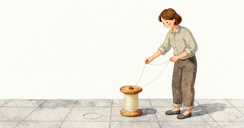 Janet 起身時袖子擦過拉繩，小木珠旋了一圈便停住；她把木製線軸立起來，貓輕撥一下，線軸原地旋轉，短短的線在磁磚上鬆鬆圈成一圈。