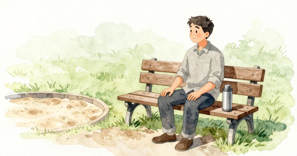叔叔穩穩坐在公園長椅上說話，手在身旁的保溫壺附近。長椅木板帶著細緻木紋和磨舊的邊緣，保溫壺的蓋子一閃即逝地反光，四周是柔和的綠地與安靜的早晨。
