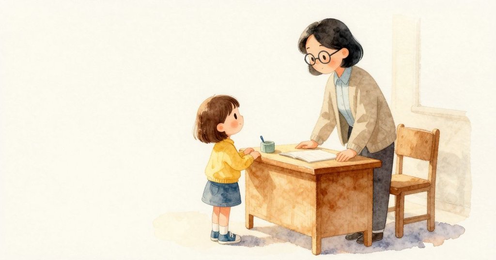 老師在前桌向 Esme 道早安。Esme 站在旁邊沒有碰觸，光在木桌面上聚成一片溫暖的亮。