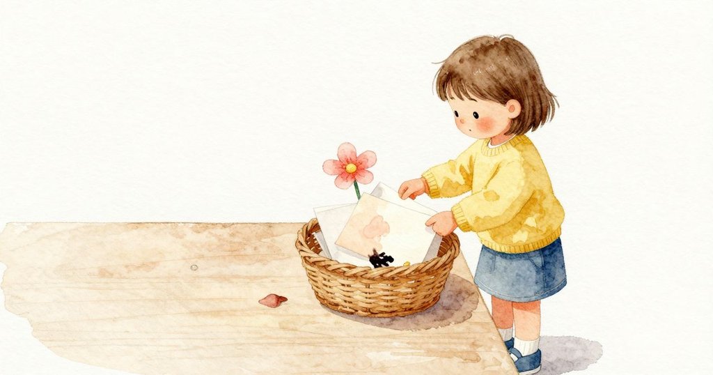Esme 走到美勞桌前，看見籐籃裡疊好的紙方塊。最上面放著一朵紙花，濕的筆觸正在變乾；花邊下有一個潮濕的花瓣印，把籐編壓暗一點，沒有滴落。