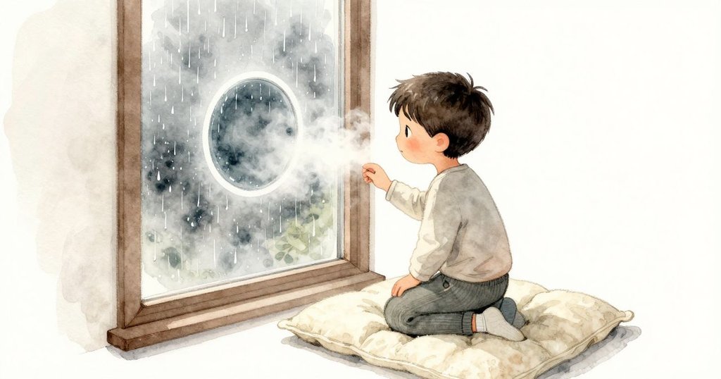 霧氣覆著窗玻璃，一個小小的清晰圓圈正慢慢縮小。Zeke 跪在軟墊上貼近窗邊，膝蓋壓出柔軟的痕跡，一手靠著略帶涼意的木窗框。雨聲在很近的玻璃上輕輕敲打，室內是冷灰的日光與安靜的氣息。
