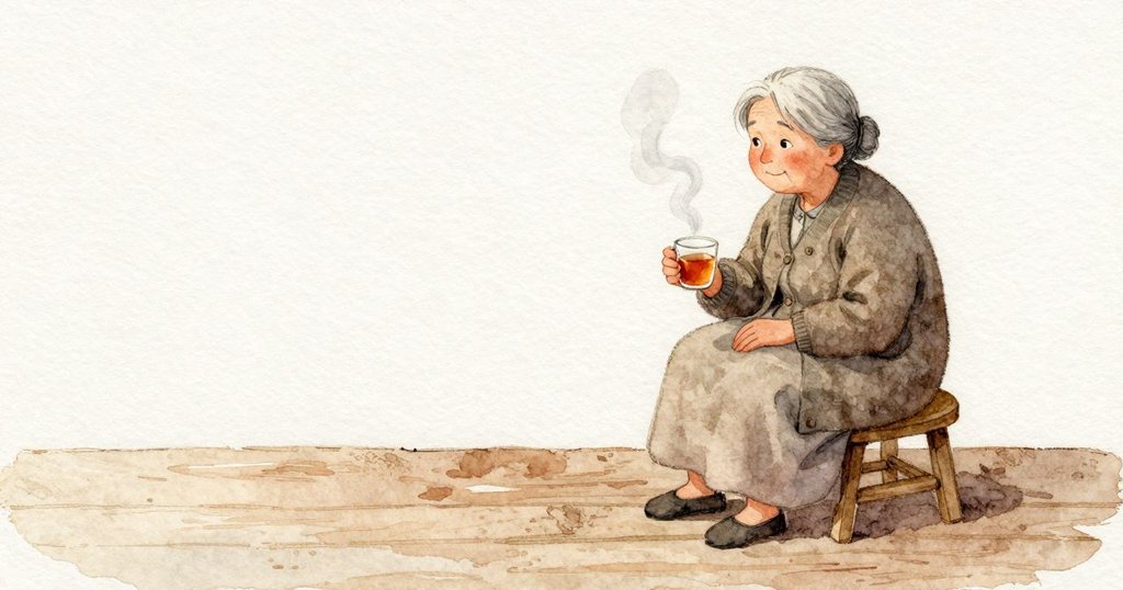 祖母坐在小凳上，她手邊放著一只小杯。溫熱的茶氣在空氣裡淡淡上升，朝帳篷門簾那邊散去；灰色的布邊比燈光更冷，木頭色澤溫柔。