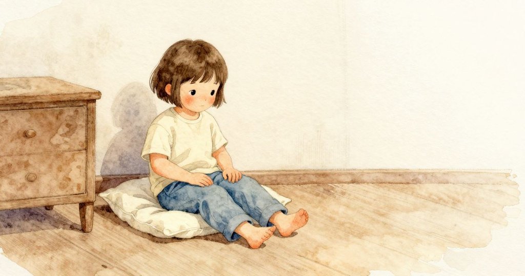 她明白那只是線頭，於是靜靜坐著不動。她膝下的坐墊折痕因重量更深，暖燈在布料與地面上輕柔停留，空氣溫和而安穩。