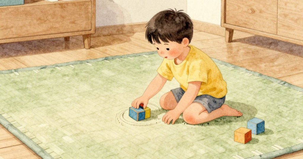 Nestor 跪在柔軟的遊戲墊上，膝蓋壓出淺淺的凹痕，細小的線圈在他小腿邊往上頂。一道深的車輪痕旁邊貼著一條淡淡的軌跡，他的手就在這些紋路旁邊。低矮的盒子因積木輕輕碰撞而發出小聲響，木頭氣味靠近他的手散開，室內的日光溫和地落在墊子與木地板上。