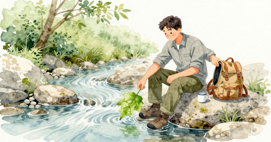 一片綠葉在淺淺的水流中打轉，清水掠過細圓的卵石。父親坐在一塊平坦的岩石上，打開的背包靠在他身旁，一只杯子就放在旁邊。枝葉投下的斑駁日光在水面與岩石上輕輕移動。