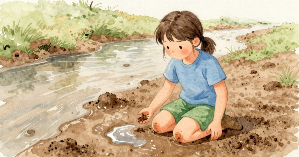 Bea 在溪邊跪著，膝蓋壓進涼滑的泥地。細細的土粉黏在她張開的手掌上，旁邊一個舊的靴印盛著一汪小水。