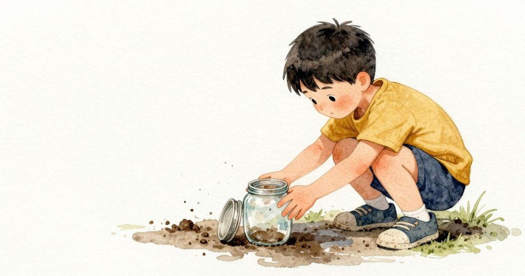 Nestor 蹲著捧著一個小玻璃罐，罐身有些不穩。罐蓋滑落進濕泥裡，留下暗色的軟痕，近旁可見溪水的微光在玻璃上閃動。