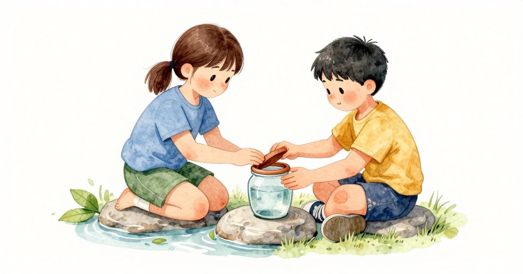 Bea 把濕潤的罐蓋放進 Nestor 的手裡；他把蓋子對好旋上，小小的罐口邊帶著一圈棕土的痕跡。那片綠葉又在平坦的岩石旁旋著漂過。