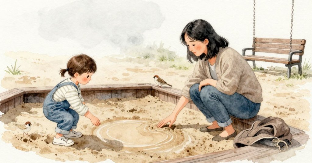 視線落在Alma按著濕涼沙面的手掌,指間留下淺痕;她另一邊膝蓋墊在摺好的外套上,貼著低矮的木邊。沙坑中央一圈淡淡的濕痕環著較深的沙色。一隻小麻雀停在木邊上微微傾頭,母親坐在旁邊的長椅上安靜看著。遠處鞦韆鏈條發出輕輕的吱呀聲,空氣帶著淡淡土味,清晨的光讓灰褐色沙面看起來微涼。