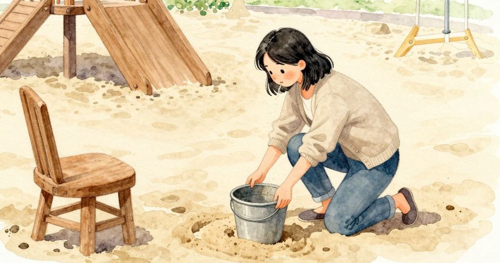 母親把桶子慢慢提起,圓圓的桶口離開沙面,細沙沿著邊緣滑落。原先放著桶子的地方留下較深的濕圓面,外圍是較乾、較淺的沙色。Alma在木邊旁等著不動。四周的遊具聲音變得很輕,日光稍微更亮,落在淡色的沙上。