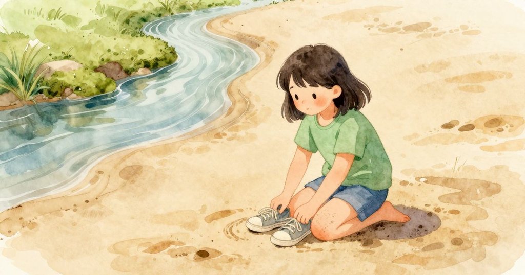Tara 跪在溫暖的沙地上,膝蓋沾著細沙,一圈淡淡的濕痕在她身下變深,靠近的小溪帶著乾淨又帶苔味的氣息,日光在沙粒裡閃著微亮。