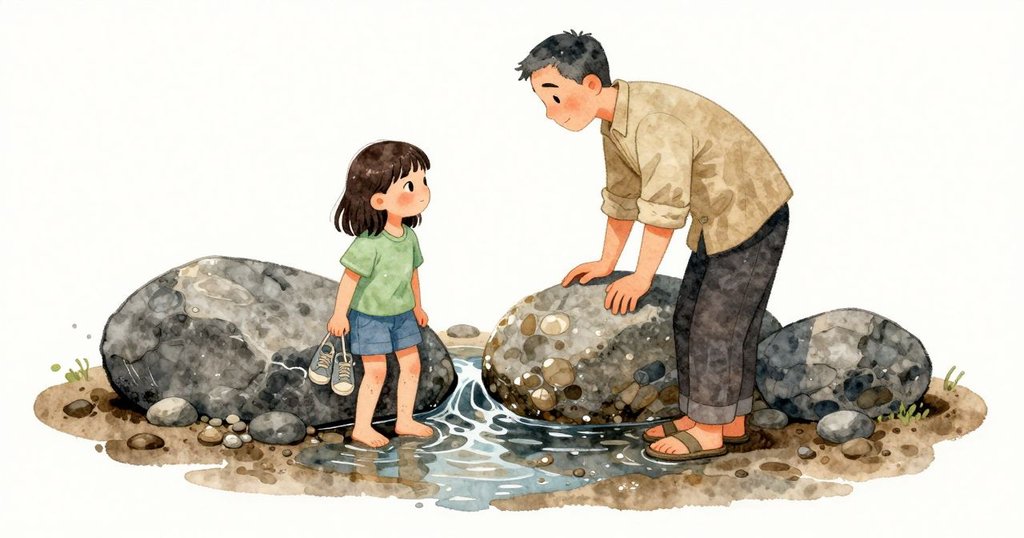 兩塊大石中間留下細細的一道縫,Tara 湊近往裡看,小溪在縫中出現;濕潤的小卵石發亮,石邊的沙地有一圈更深的濕痕。