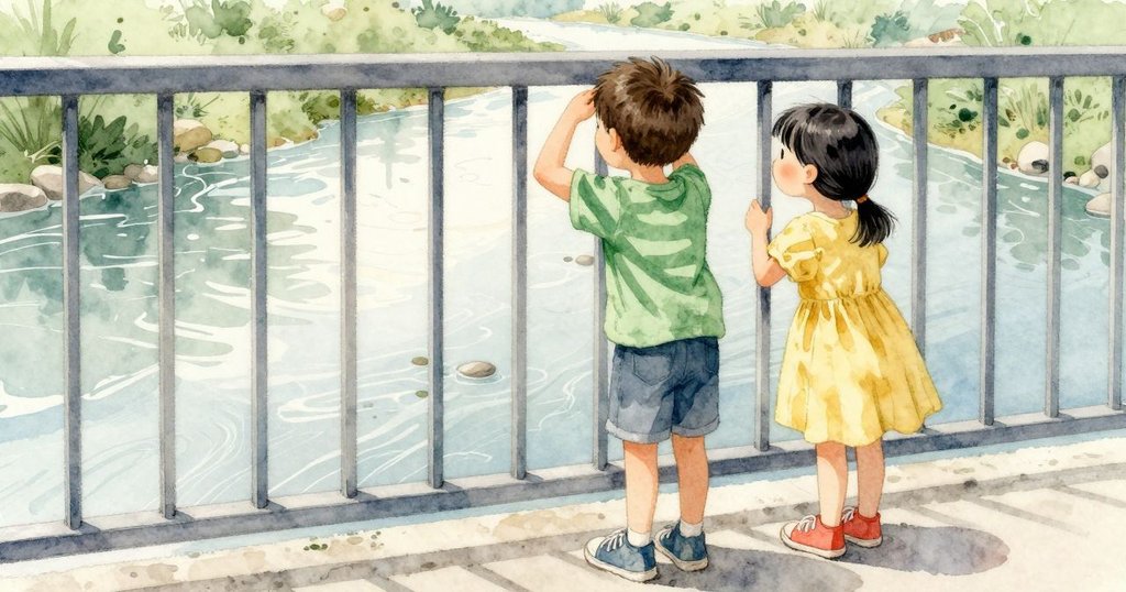 敘述者與 Max、Juliet 來到橋中央，透過高高的欄杆往下看，強烈陽光把河面照成一張白色薄片，石頭與水下細線都被掩住。Max 用另一隻手在額前罩出小屋簷，欄杆的條紋影子落在他的袖子上；Juliet 靠近一些觀看，兩人仍各自扶著欄杆，空氣帶著微微潮味。