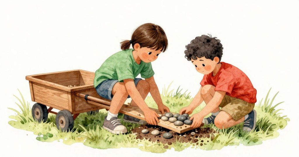 Dana 和 Jasper 在潮濕的河岸邊蹲著，聞著乾淨的泥土氣味。他們從草地上拿起一塊短木板，並把撿來的鵝卵石疊成小堆。小推車停在後方的草地上，陽光與樹蔭交錯，指尖帶著濕沙的觸感。