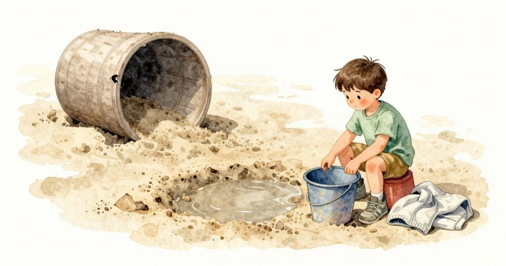 水桶旁的沙地留下一圈深色的濕痕，旁邊一座較舊的沙柱邊緣粗糙碎裂；Hector靠近看著，陽光在桶側微微發亮。