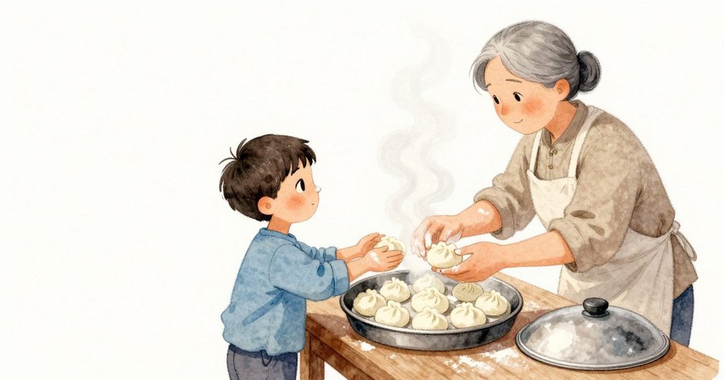 祖母把一顆餃子放進空隙裡，動作安穩。溫熱的蒸氣掠過Emory的臉頰又滑到旁邊，他的目光轉向鍋蓋邊，金屬在邊緣變得很薄，映出細細的亮光。
