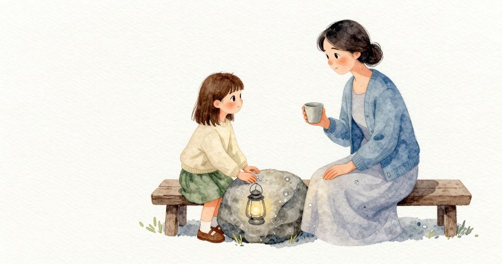 在 Harriet 左手貼著的石面邊，一顆涼涼的小水珠聚起來，帶著燈光的微亮，滑到她的指節上；她不動，石頭與傍晚的藍靜靜相貼。