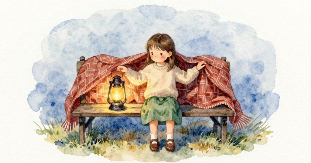 毯子的邊緣微微掀起、搖過來，輕輕碰到 Harriet 的肩；她的重心先向腳尖傾去，又把雙腳安穩回來。燈光把織線照暖，周圍的夜仍是涼藍。
