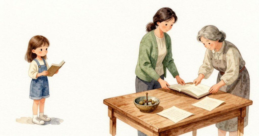 裝訂處頂住回彈,擁擠的花莖碰到書脊,頁面微微被頂起,Blythe便再度抬起封面,雙腳在木地板上站得更穩。桌子遠端,姑媽移動了一下,較舊的頁面隨之輕輕拱起。陶碗裡的梭形豆莢滾出一下,叩到木桌,Blythe順著那一聲把重心往後收,讓桌面安靜下來。室內柔光裡,木色溫暖,紙張在板面上像在呼吸。