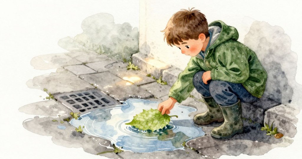 雲層裂開，邊緣漸亮。Niall 把一片大樹葉放上水面，指尖一鬆，綠葉平穩浮著，葉緣掛著細小水珠。水面更亮，淡淡映出天空與不遠處的柵紋。