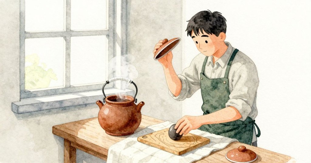 茶巾角落留著一抹灰色小弧，Jarvis提起繩結輕輕鬆開鍋蓋，一縷帶鹼氣息的空氣往窗邊散去，在風鈴第二次停歇時淡下來。他把一顆深色包裹的蛋放上砧板，小心擦拭，薄薄的外層被揭去，殼面露出細密如髮絲的紋路。