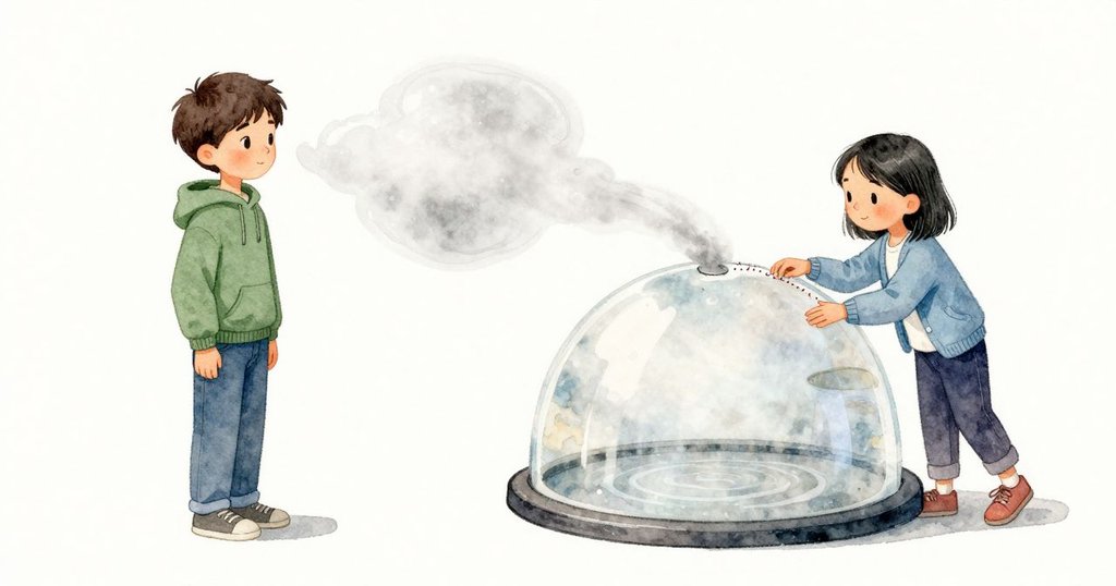 Cal靠近時的呼氣在圓罩上化出一大圈霧氣,他用袖子一抹,留下沿著弧面延展的淡淡痕跡,像把微型景色折成一圈水紋。Tara把袖口貼上去幫忙,一縷鬆線卻被罩邊勾住,她停一下,輕輕一拉把線頭解開。玻璃冷涼,室內的低鳴聲持續。