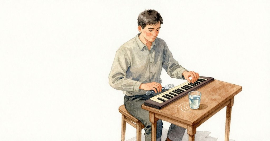 Clyde 輕敲音叉貼著膝蓋，清亮的震動滲進靜室；他把橡膠弱音塞在相鄰琴弦間，按下一鍵，另一手扶著扳手微微轉動又暫停。拍動忽快忽慢，桌上清水杯面印出一圈又一圈淡紋。