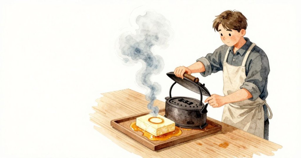 Miles 揚起鉸鏈讓蓋子上升，柔厚的煙像枕頭一樣滾出來；下面的接油盤帶著一層琥珀般光澤；砧板上一片被切開的豆腐，細細的棕色圈抱著淡色的中心，棚內的日光把琥珀光映得溫暖。