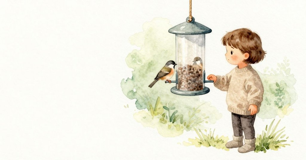 玻璃上像有第二隻鳥站著，其實是餵台上那隻鳥的倒影；樹枝上另一隻小鳥轉了個身，餵台以繩子吊著，一個小結把它連到樹枝上，窗面清灰，院子綠意安靜。