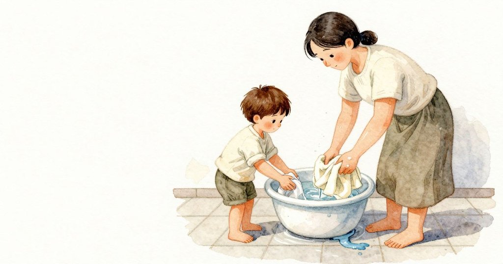 動作照常進行：Petra 擰乾又放入清水，水槽穩穩倒著清細的水流，在地上留下一點新痕。Max 伸手拿布，他手指尖浸泡後的細紋清楚。藍色在地磚縫間拉出一條細帶，碗底下的淡淡圓痕慢慢擴開。
