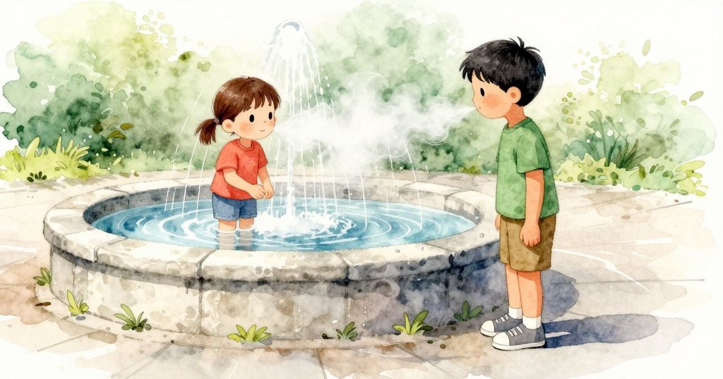細緻的水霧自噴泉飄來，空氣變得清涼；水滴以輕輕的節奏敲在石質邊緣，濕痕讓淡色石面更深。近水的樹葉像被沖洗過，粉筆線有的地方更亮、有的地方被微濕壓暗，陽光穿過霧氣變得柔和。