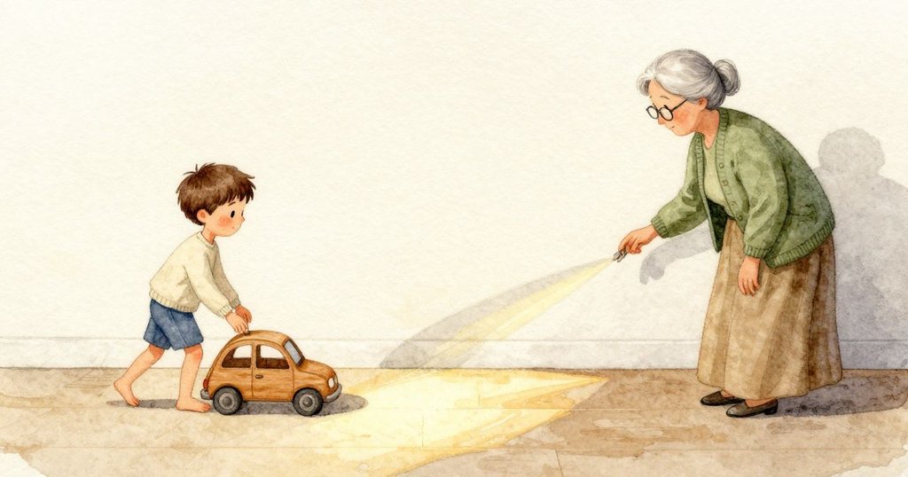 小木車在光帶裡微微傾斜後輕輕滑動,車影掠過牆上那隻由手形成的翅膀的一端。光束保持穩定,木質在陽光下顯得溫暖,房間一片安靜。