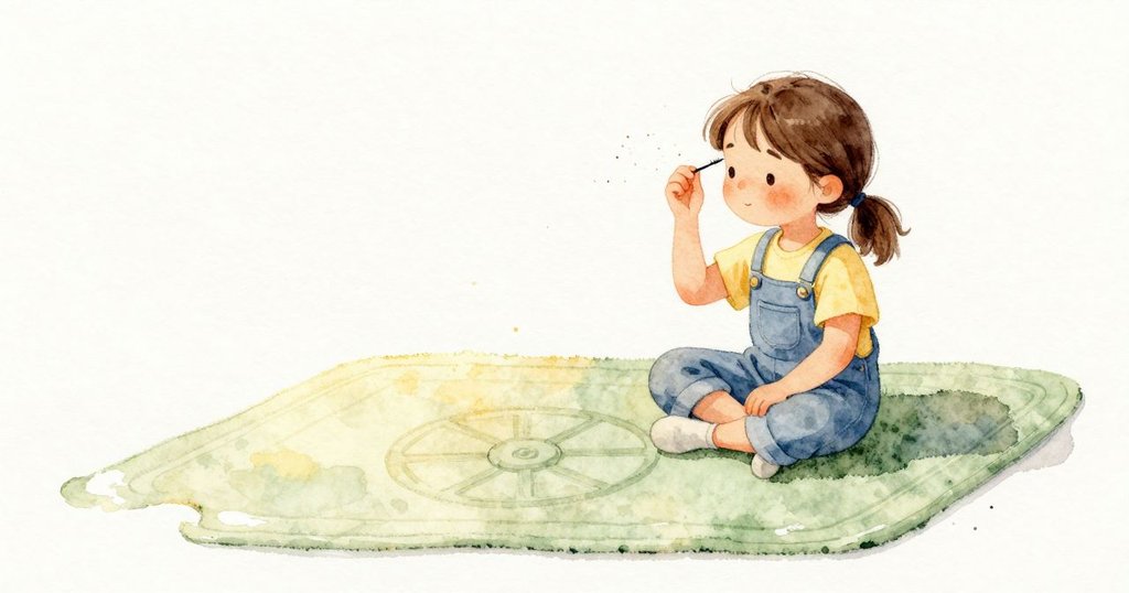 一粒細微的塵點落在 Esme 的睫毛上，她眨一下眼，癢意散去，墊上的輪痕又清楚起來。暖光不動，綠色絨面上的淺線安安靜靜地躺著，空氣裡的微塵在亮處停一會兒又淡掉。