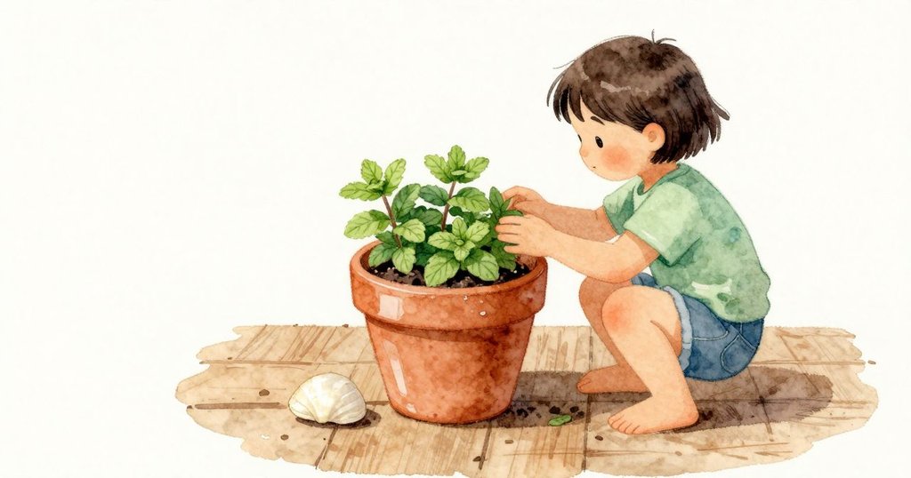 Seren輕輕撫摸香草的柔葉，視線探向陶盆邊緣下的陰影。在陶盆旁的木板上，她發現一顆小貝殼，淡色而平滑。盆緣有細小缺角，薄荷的清香仍在升起。