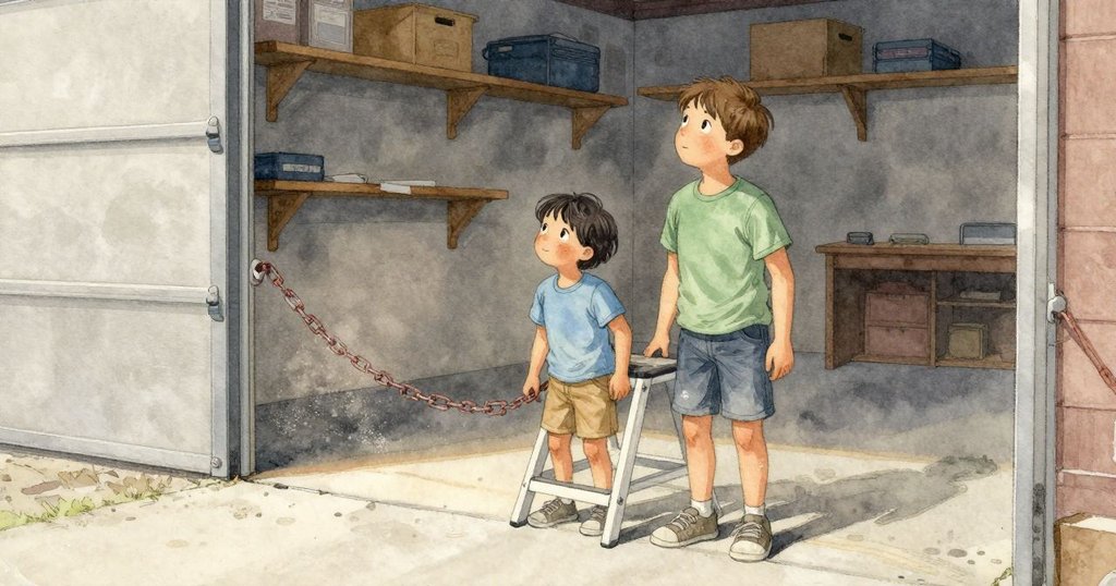 車庫門的鐵鍊在微風裡輕輕作響,Arlo 和 Eli 抬著一張矮梯走進車庫。乾燥的空氣像紙箱和粉筆的味道,淡色的水泥地上有薄薄的灰。沿牆的木層架高高立著,門口灑進的日光在地上留下一道淡亮的帶子。