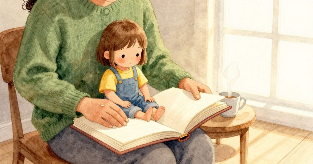 打開的書頁在 Ingrid 的手下微微發熱，頁面上有一點細小油痕在光裡發亮。Ingrid 靠在綠色柔軟的布料上，坐在照顧者腿上，書自然地攤在兩人膝頭。小桌上有一只茶杯，淡淡的茶香飄過來。窗邊傾進溫和的日光，將紙面與布料照成柔暖的琥珀色。