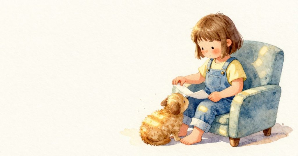 小小的寵物蜷著身體頂住 Ingrid 的腿，窗外灑進的陽光形成一道道亮條，細小的灰塵在光裡跳動。Ingrid 的手滑到紙邊，輕輕掀起角落，紙張微彎後又滑回原處。暖暖的毛、滑順的紙與金色光帶同時存在。