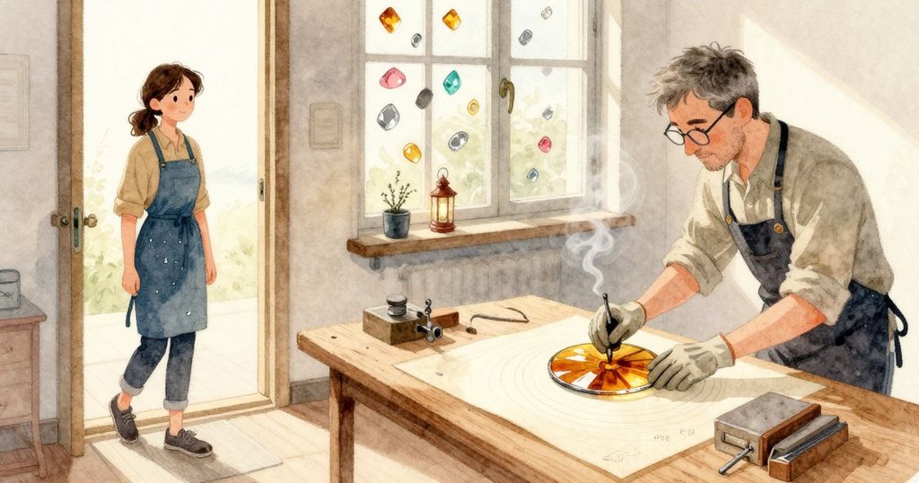 在工作室裡,Cora 剛踏上橡膠墊,窗邊描圖紙上躺著一枚包著暗銀邊的琥珀色圓片,陽光再度穿出雲層,把四散的彩玻璃照得像小燈籠。Graeme 在另一塊面板上穩住邊緣,烙鐵輕點又抬起,細細的嘶聲伴著一縷變薄的煙。木桌、描圖紙、彩片與工具在光裡安靜發亮。