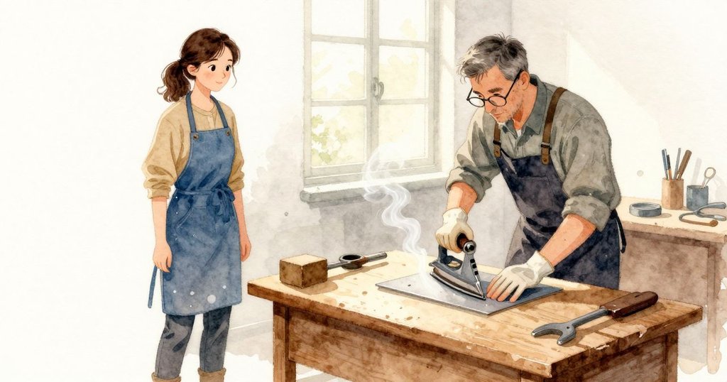 Graeme 連續點焊兩處,細煙展開又斷去,他穩住面板邊緣並瞥向Cora。陽光同時湧回窗內、烙鐵再度輕敲,琥珀色光與嘶聲一同落下;Cora 的手平貼在圓片上,胸口跟著那節奏微動。