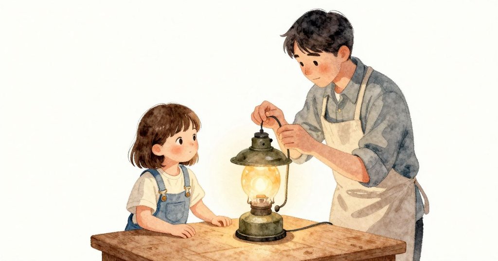 Oren 轉動檯燈頸部的小調節器,嗡鳴變得低沉,桌面聚起一層柔靜。他的衣袖拂過,電線在桌邊畫出小小弧線又落下,琥珀色光暈溫暖著木面與金屬。