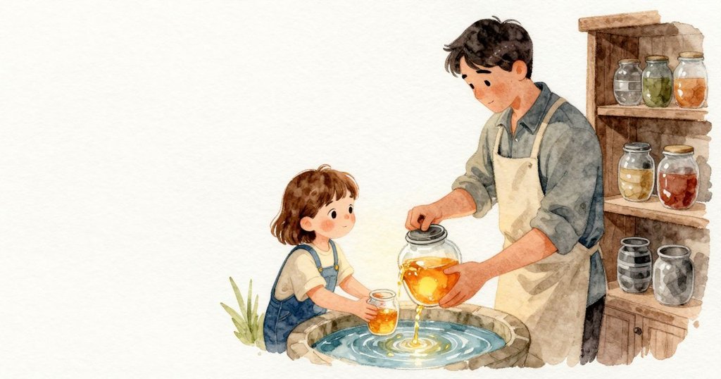 蜂蜜穩穩流入對準的玻璃罐,Oren 低聲說話讓柔和的水流聲保持節奏。檯燈的光停在流動的金色上,微弱的嗡鳴與蜂蜜穿過開口蜂房的幾近無聲相呼應;Noemi 穩住罐身,架上舊罐在陰影裡保有層層色帶。