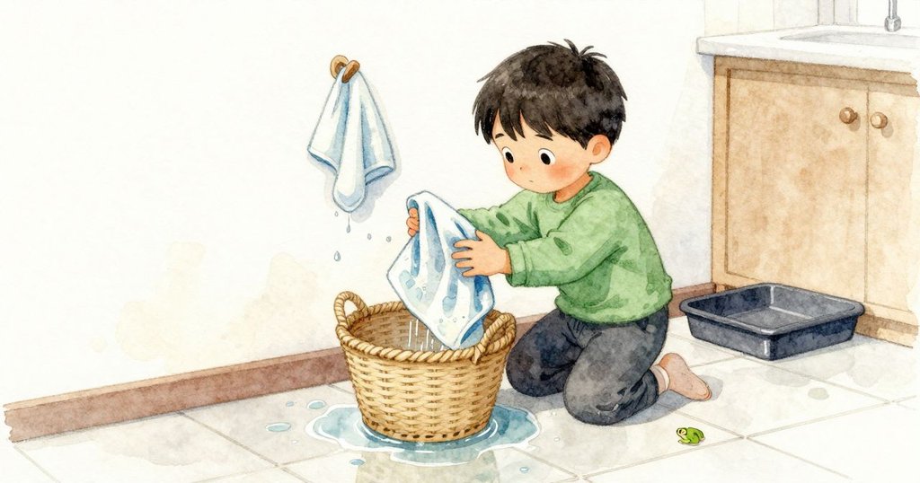 Fintan從籃子拿出毛巾,跪下把毛巾按在小水灘上;毛巾下的橡皮青蛙發出一聲吱;他把毛巾在植物托盤上擰乾,並把濕布掛到牆上的掛釘。