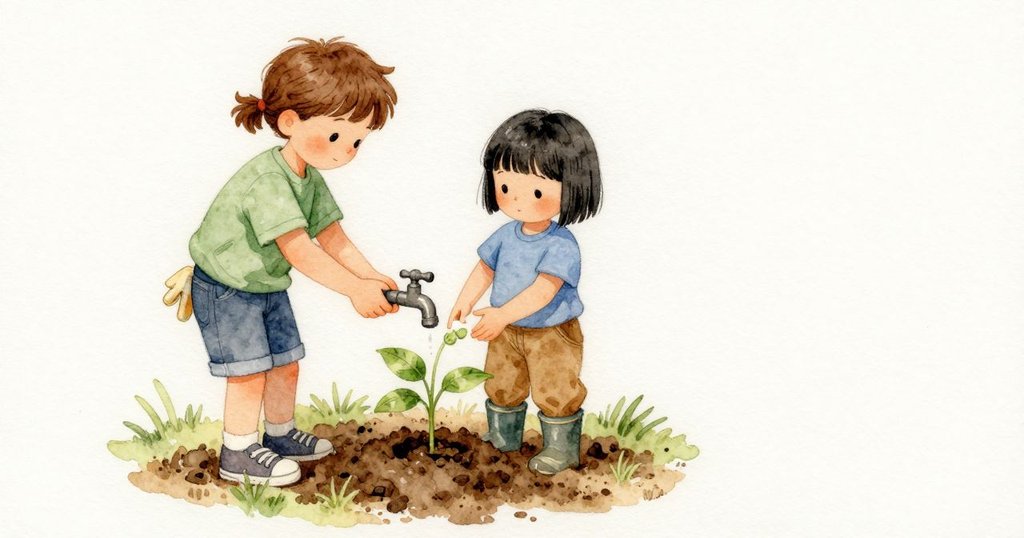 空氣安靜下來，Delia把水量調小，用雙手把鬆土往內推壓，圍著幼苗捏出一圈淺淺的土環。Renn在旁邊說話後靜著看，濕土與乾土相接的邊緣慢慢變深，光線平穩。