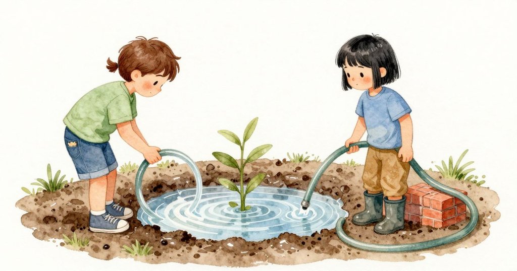 下一個靜風的片刻裡，水安穩地待在淺淺的土環內，泥土變得更深，邊緣平順。水管靜靜橫在一塊磚上，橡膠泛著柔亮，細水繞著小小的莖流動後停住，空氣清涼而安定。