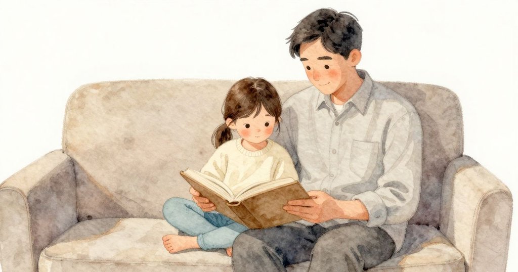 開著的書攤在 Lily 的膝上,奶油色的頁面平整而安靜。她的背輕靠在柔軟的灰色襯衫摺痕裡,被父親的腿穩穩托住。赤腳收在沙發坐墊旁,布料微微下陷。房間的色調溫和、木質與布面安靜,日光柔和停在紙與衣料上。
