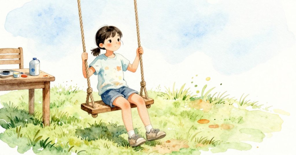 Iris站在院子裡的低矮盪鞦韆旁,視線停在麻繩綁結上;草地帶著被壓碎的青草味,拌著海報顏料的酸味,陽光溫暖而平穩地照在繩結與綠草上。