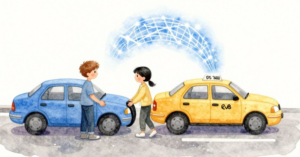 Callum雙手平穩握著藍色碰碰車的方向盤,Kestrel駛來並排,黃色車桿頂到上方電網,藍白色火花在頭頂輕輕竄動。低音節奏透入車架與手腕,地板映出細碎亮點。兩車保險桿輕撞後回彈,慢慢轉動。